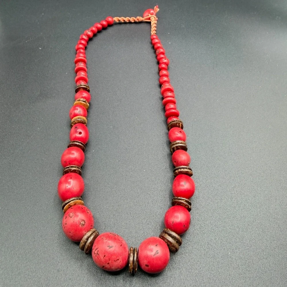 Red Graduated Bead Necklace Coconut Shell Spacers Boho Tribal Statement Jewelry